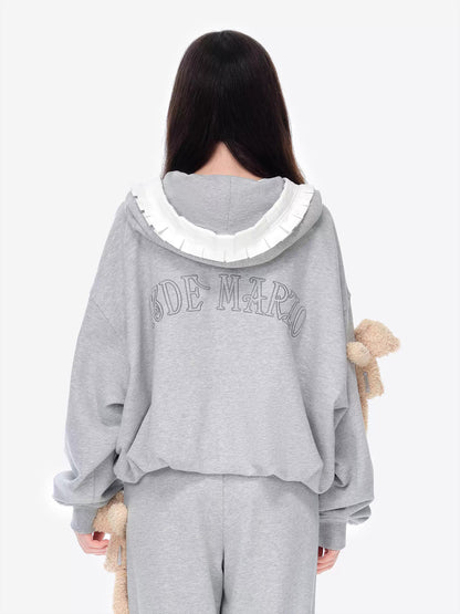 Ruffled Hooded Zip-Up Cropped Sweatshirt