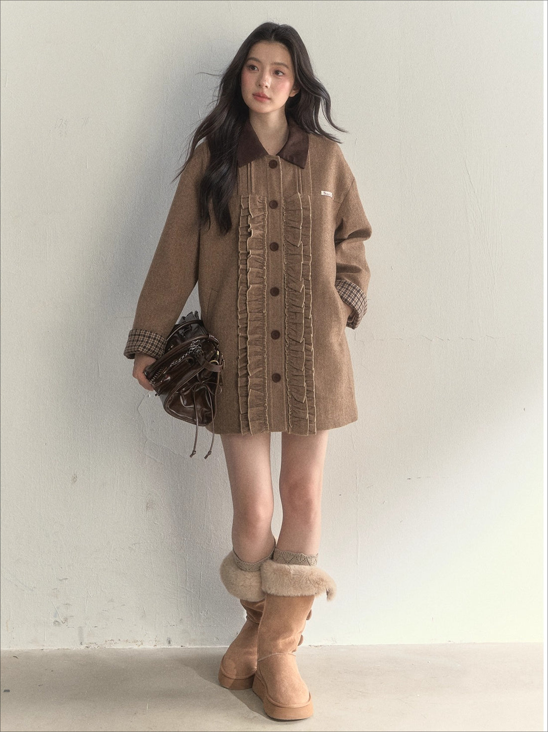 Vintage Khaki Wool Blend Ruffle-Trim Coat