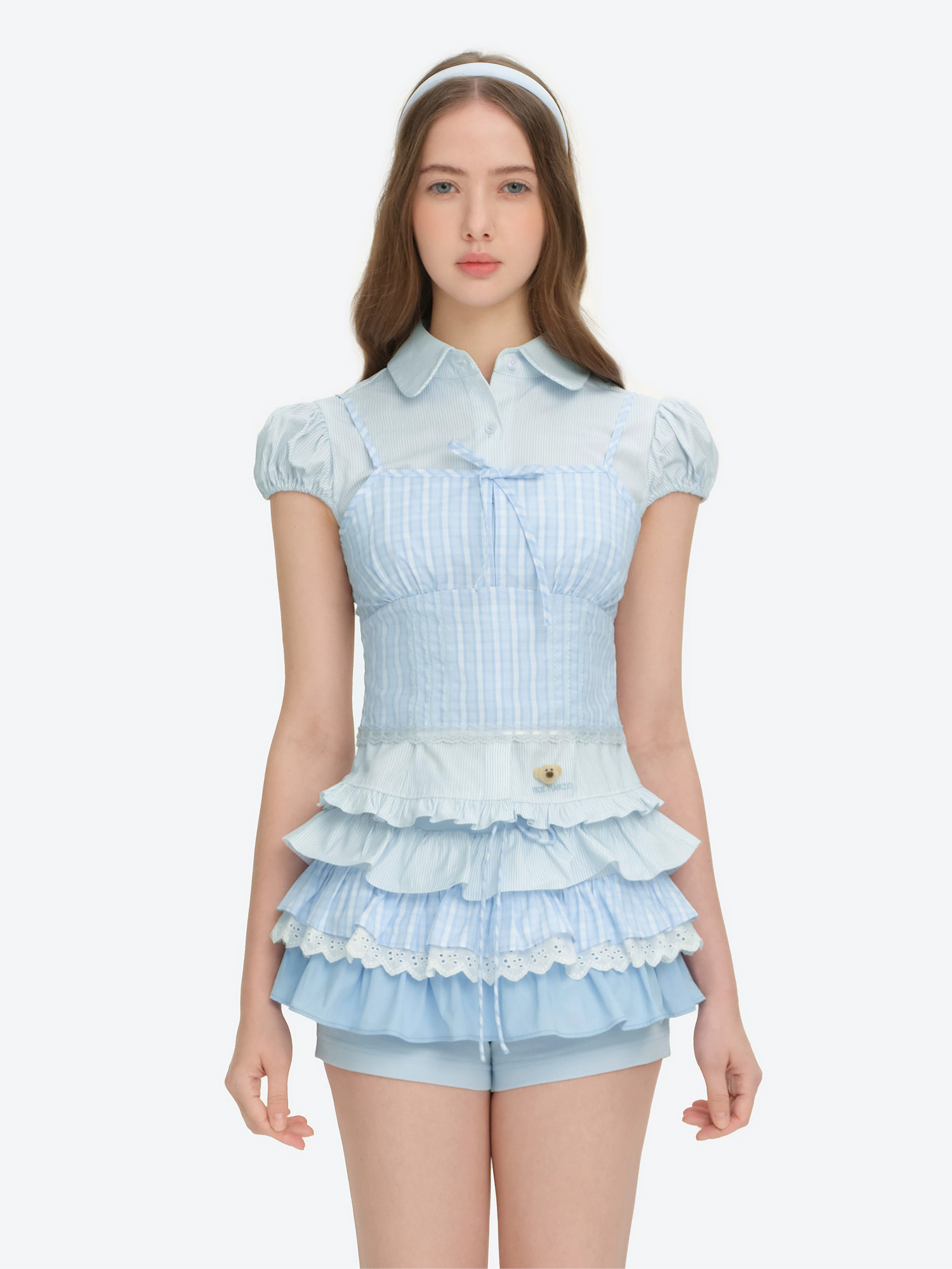 13DE MARZO Layered Puff Sleeve Corset Shirt Top