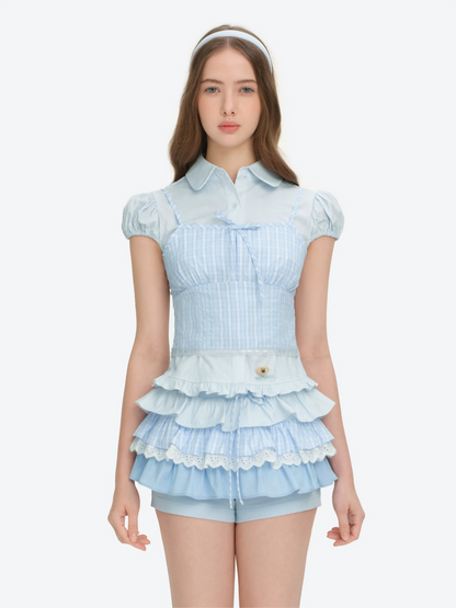 13DE MARZO Layered Puff Sleeve Corset Shirt Top