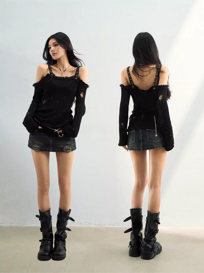 Distressed Off-Shoulder Knit Top