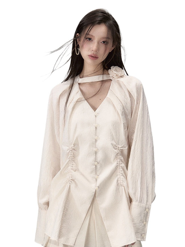 (Final Sale) Beige New Chinese-style Long-sleeved Shirt &amp; Skirt Set