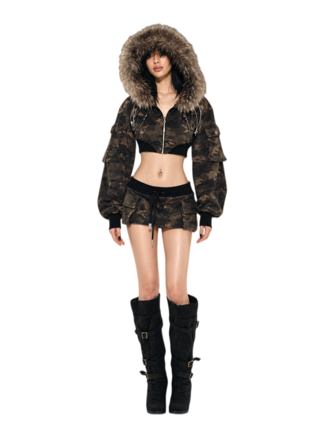 Camouflage Cropped Jacket Skirt Set