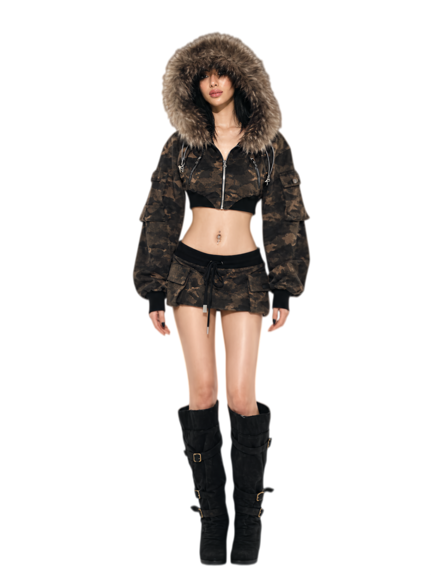 Camouflage Cropped Jacket Skirt Set