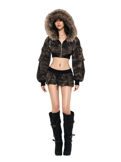 Camouflage Cropped Jacket Skirt Set