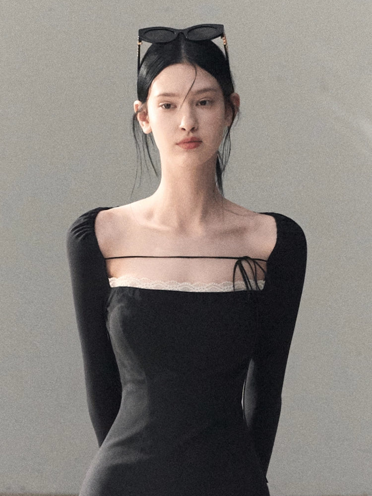 Slim-Fit Black Waist-Cinched Long-Sleeve Dress