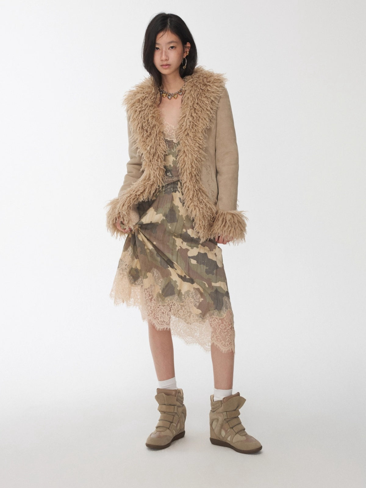 Suede Shearling Embroidered Panel Jacket