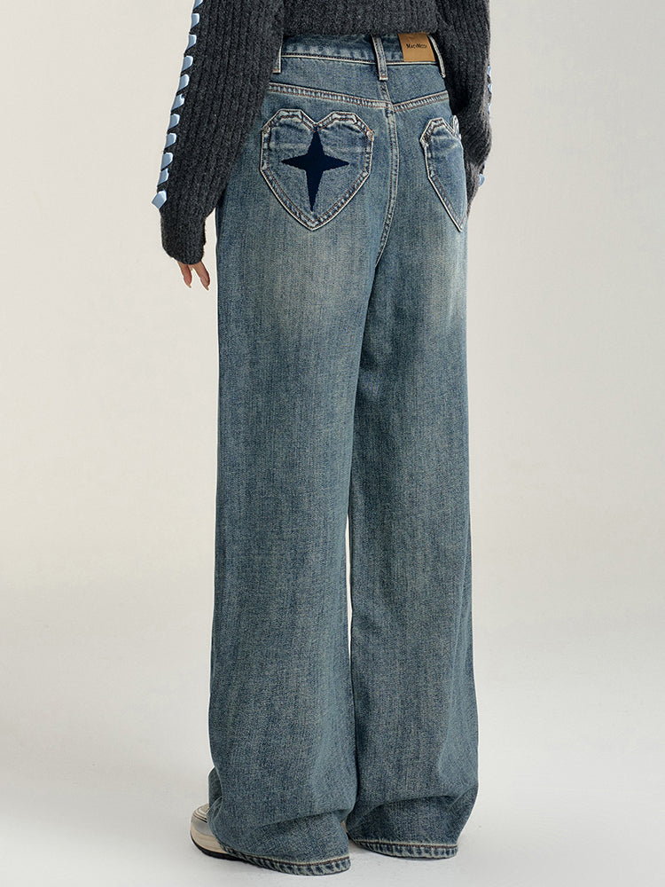 Heart-Patterned Fleece-Lined Wide-Leg Denim Pants