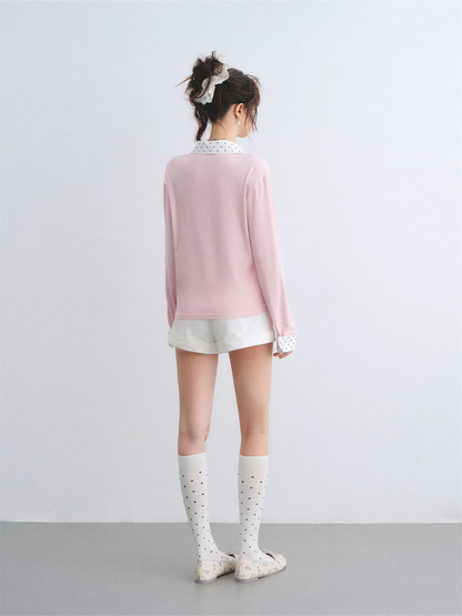 Polka Dot Shirt Panel Faux-Layer Draped Collar Top