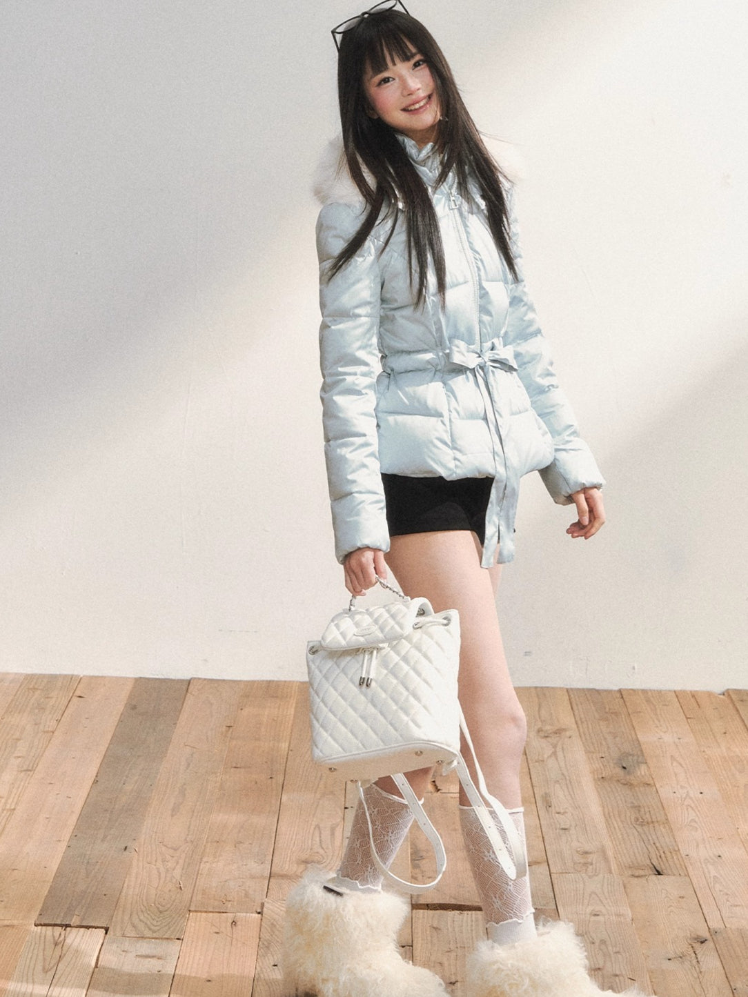Two-Tone Belted Detachable Fur Hood Down Jacket