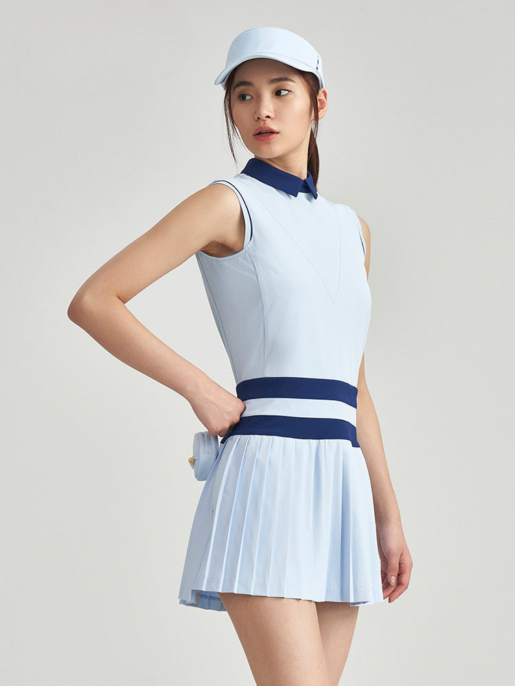 Sky Blue &amp; Navy Blue Golf Collar Sleeveless Pleated Dress