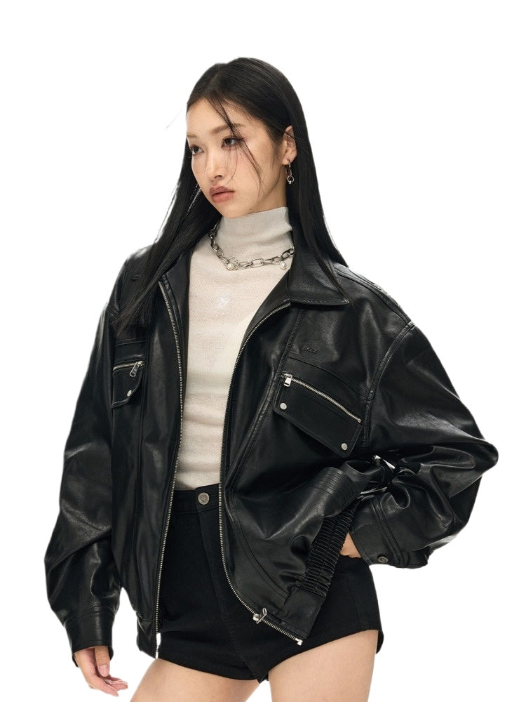 Black &amp; White Vintage Silhouette Collar Moto Jacket