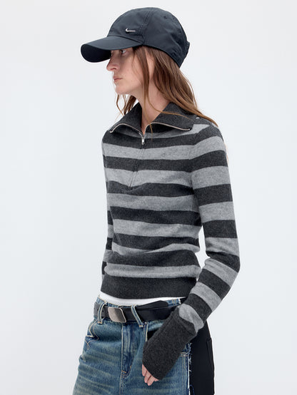 Striped Wool Blend Half-Zip Sweater