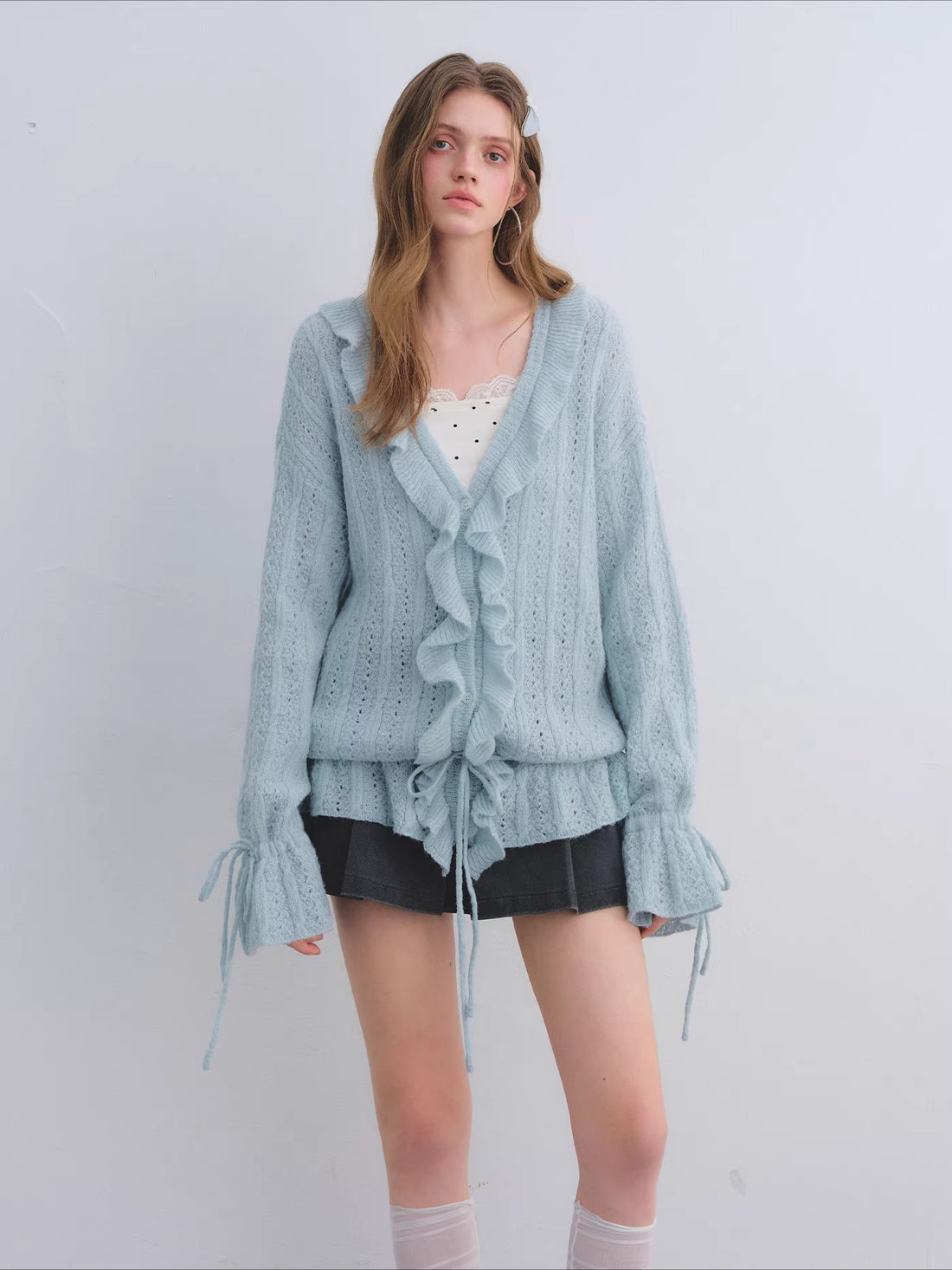 Wool Mohair Drawstring Waist Cardigan