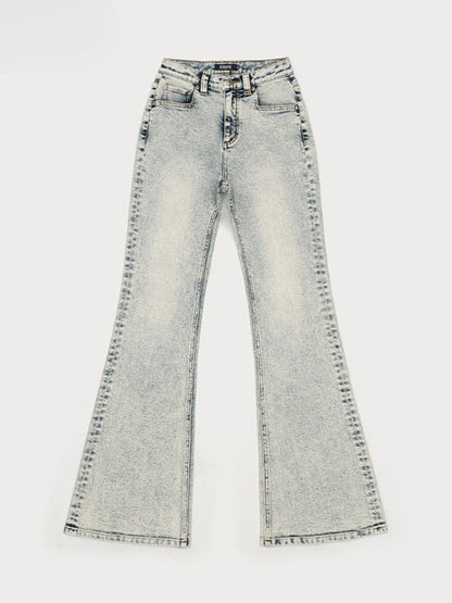 Retro Washed Elastic Flared Mid-Waist Long Pants