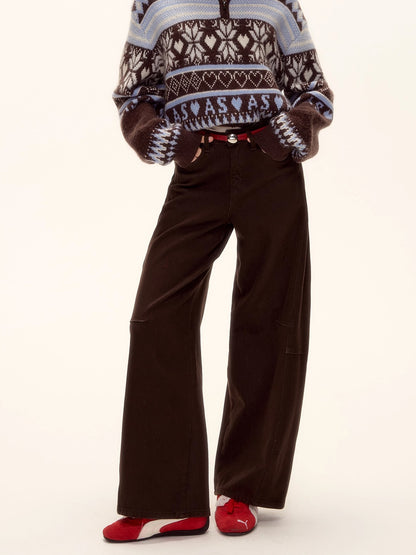 Red Belt Decor Curved-Hem Denim Wide-Leg Jeans