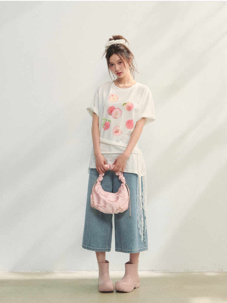 Fruit Print Lace-Trimmed Tie-Up T-shirt