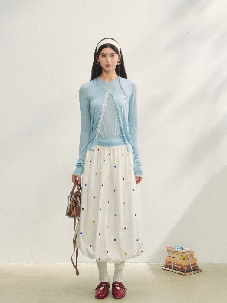 White Heavy-duty Floral Embroidered Midi Skirt Set - CHINASQUAD