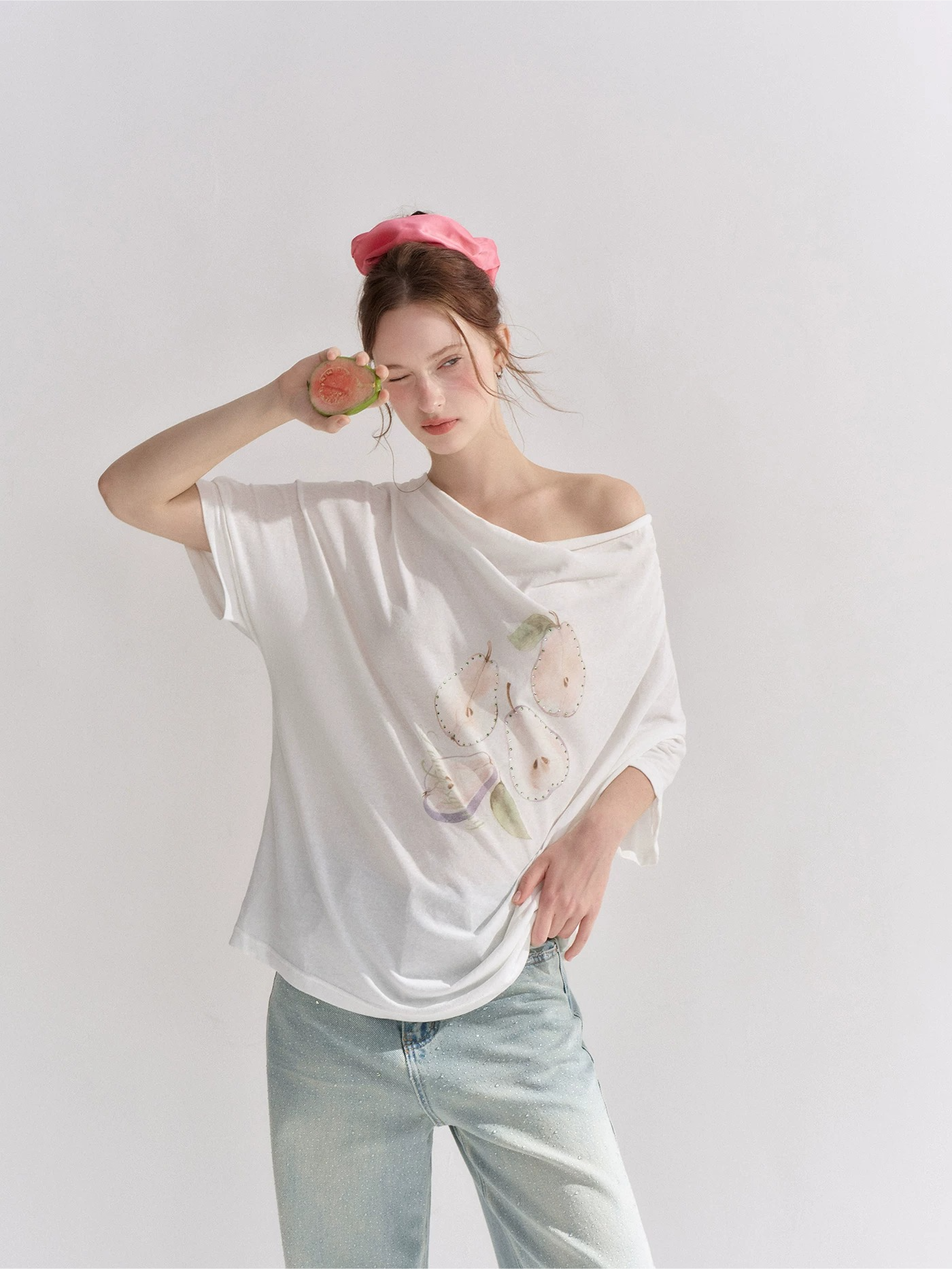 Pear Embellished Draped Off-Shoulder Relaxed T-Shirt