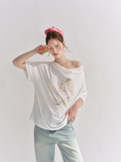 Pear Embellished Draped Off-Shoulder Relaxed T-Shirt