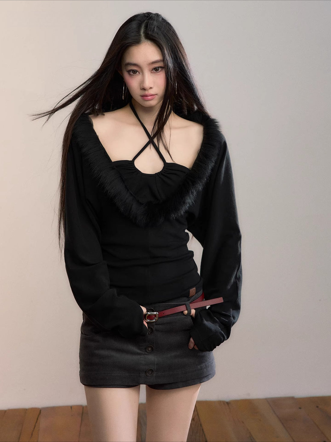 Fox Fur Panel Layered Knit V-neck