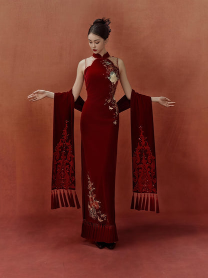 Crimson Embroidered Illusion Back Cheongsam Dress