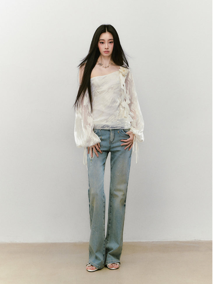 Irregular Slant Shoulder Lantern Sleeve T-shirt - CHINASQUAD