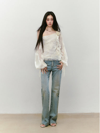 Irregular Slant Shoulder Lantern Sleeve T-shirt - CHINASQUAD