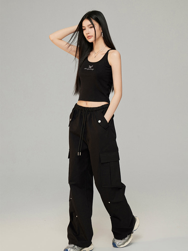 Drawstring Pleated Workwear Wide-Leg Pants