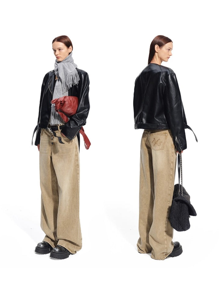 &quot;Dejembe Series&quot;Satin-Finish PU Leather Moto Jacket