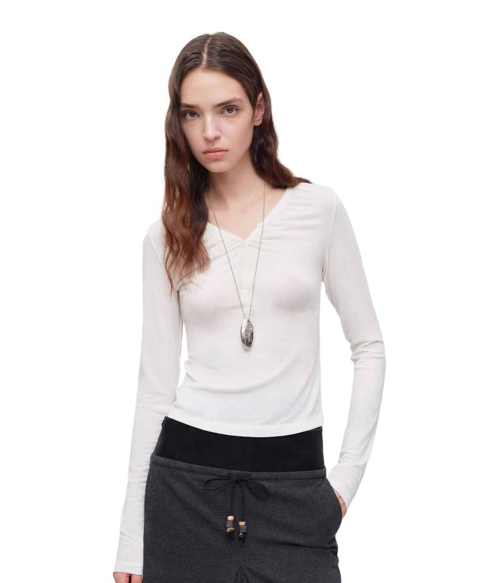 Lyocell Wool V-Neck Fitted Long Sleeve T-Shirt