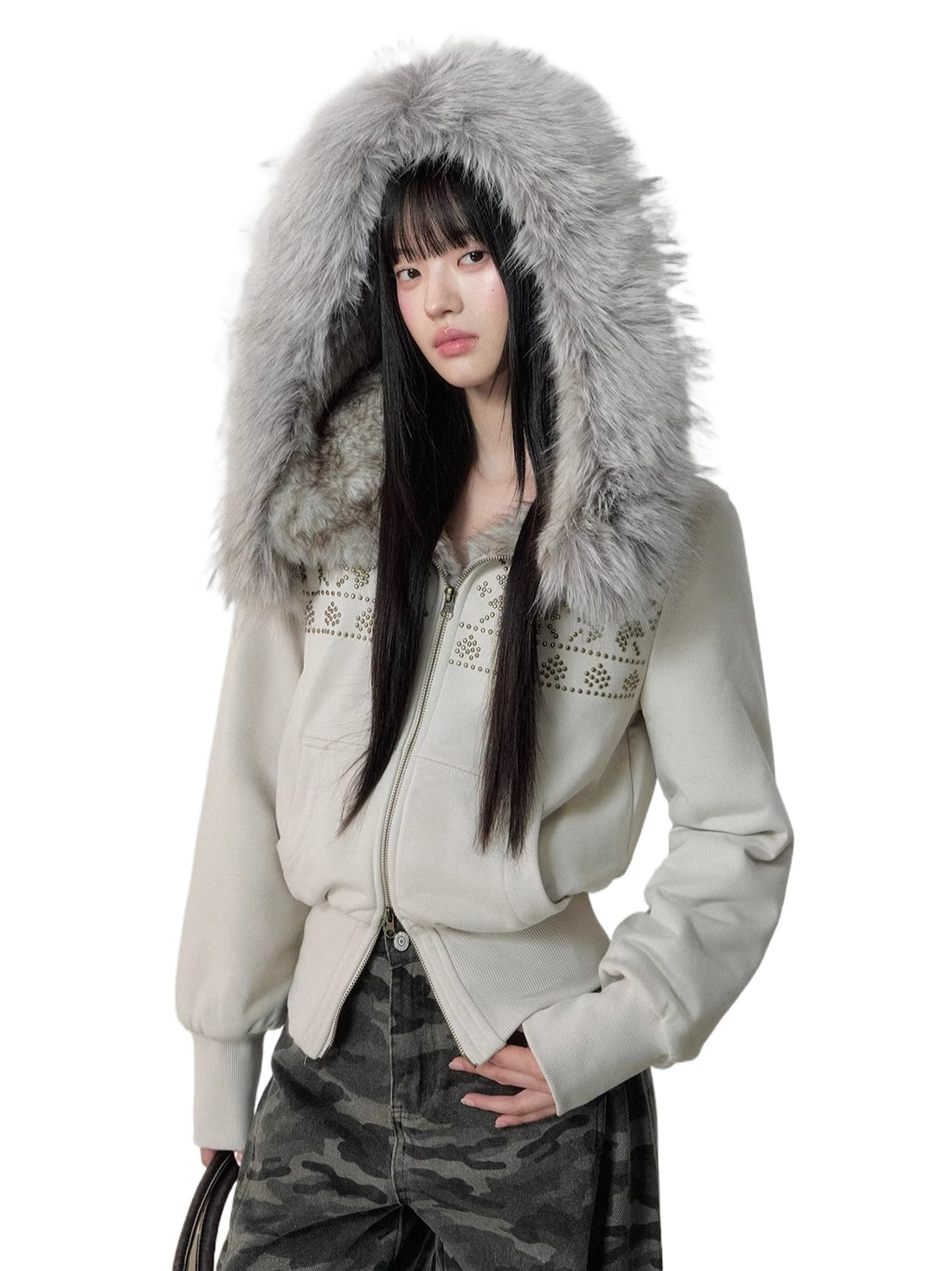 Vintage Rivet Embellished Fleece Hoodie Jacket