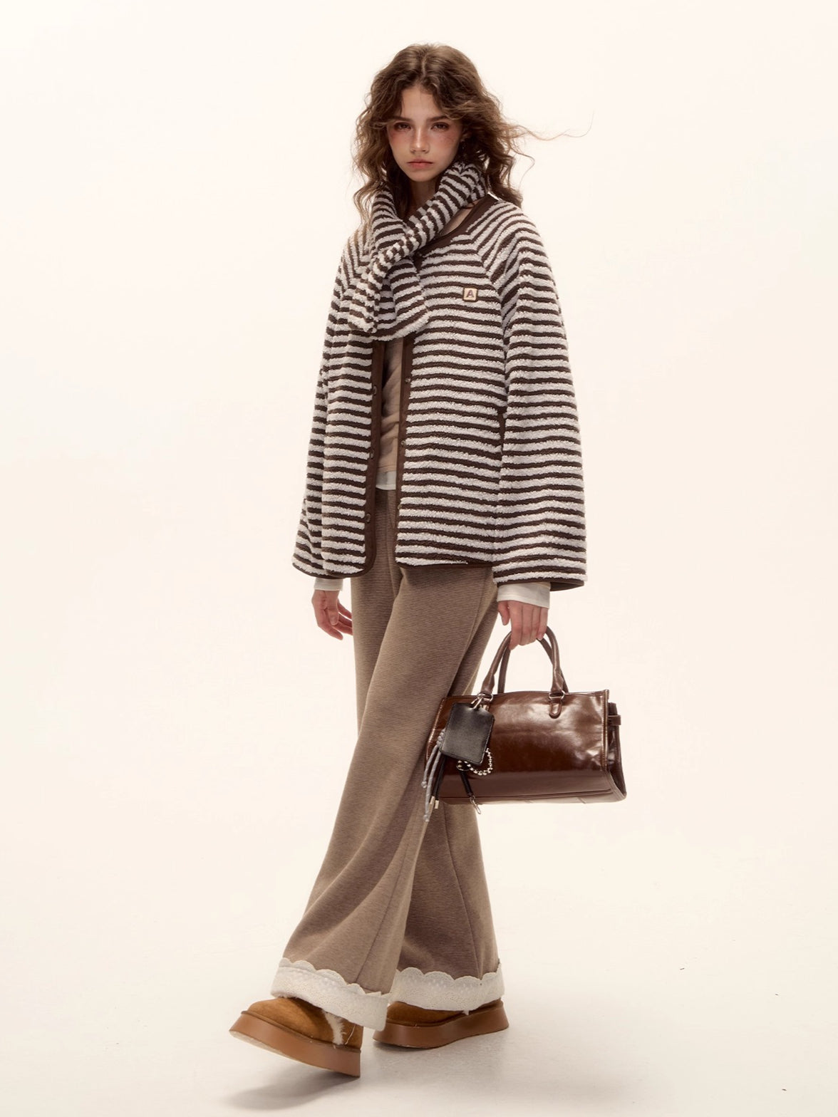 Embroidered Hem Wool Blend Wide-Leg Trousers