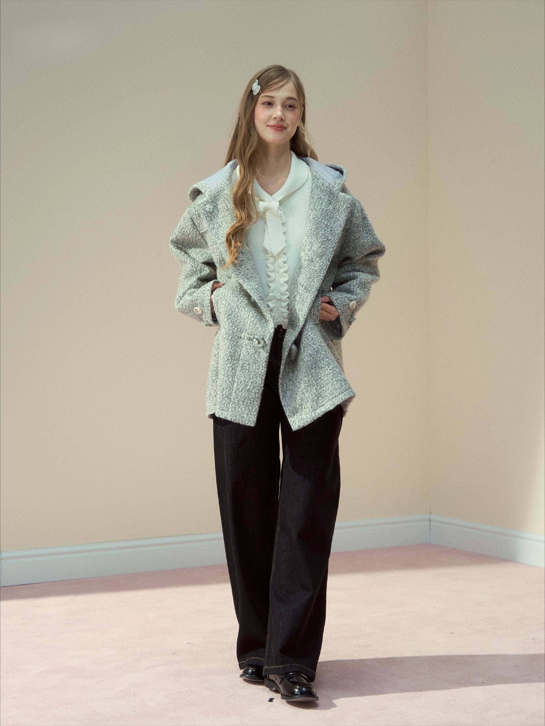 Light Grey Wool-Blend Toggle Belted Coat