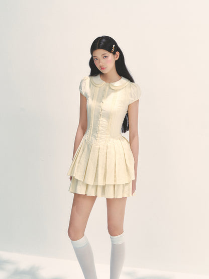 Doll Collar Waist-Cinched Pleated Shirt Dress