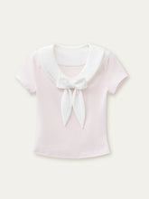 Bow-neck Contrast-color Skin Friendly Cotton T-shirt - CHINASQUAD