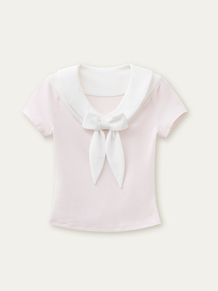 Bow-neck Contrast-color Skin Friendly Cotton T-shirt - CHINASQUAD