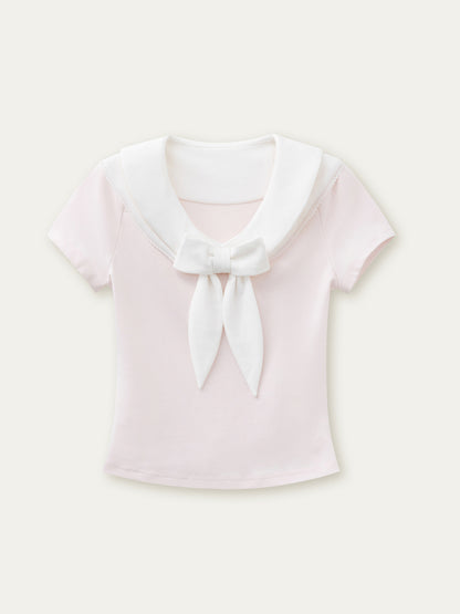 Bow-neck Contrast-color Skin Friendly Cotton T-shirt - CHINASQUAD