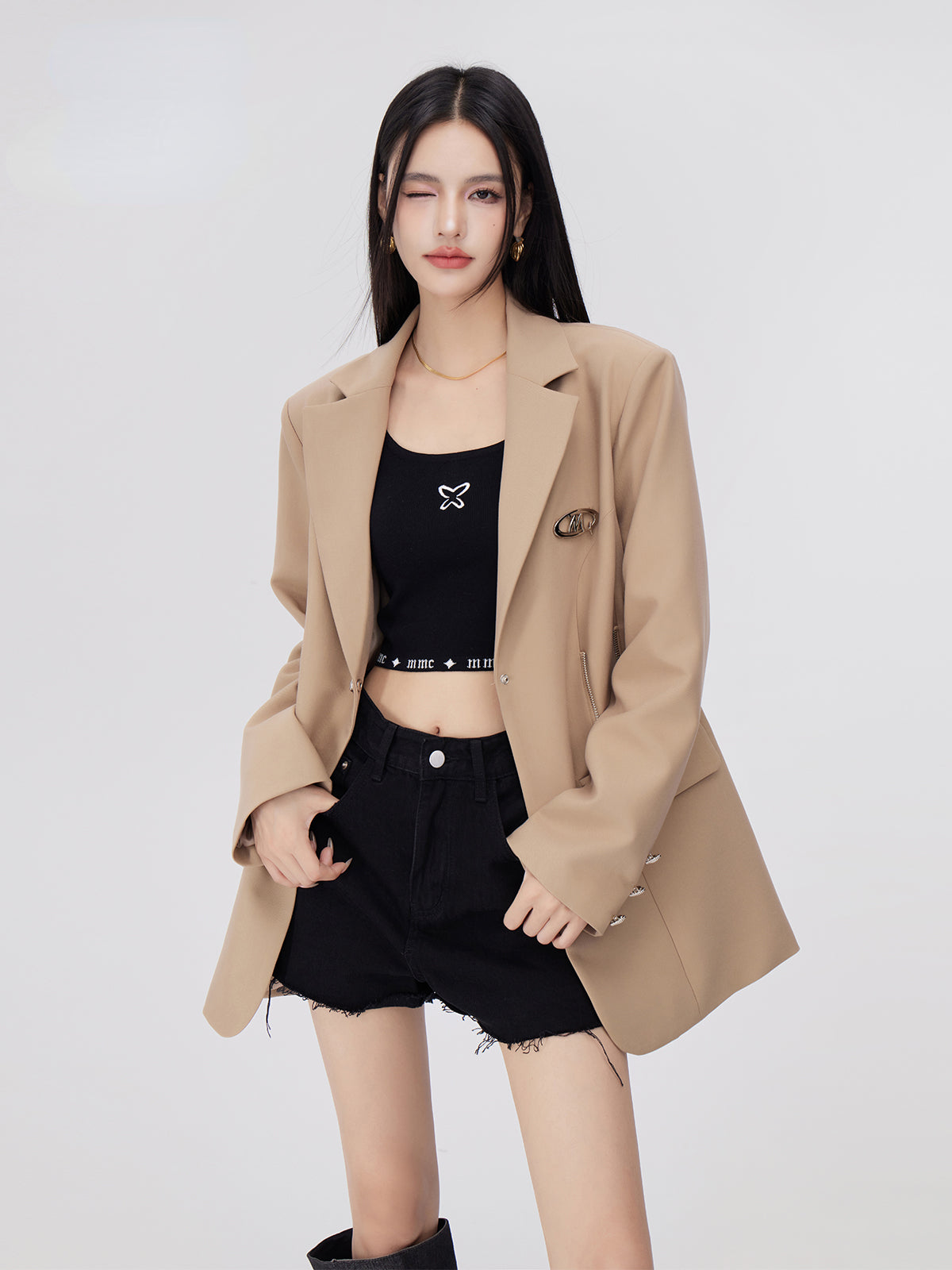 Black &amp; Khaki Boxy Zip-Up Blazer - CHINASQUAD