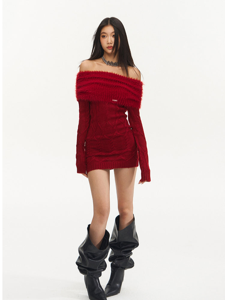 Red Off-Shoulder Mohair Knitted Dress