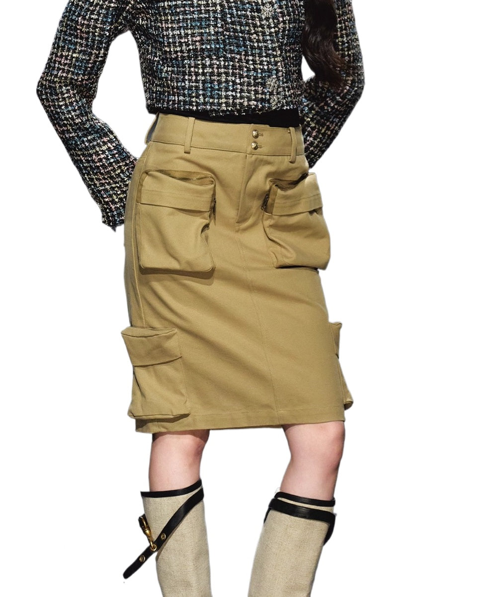 Khaki Utility Pocket Structured Midi Skirt