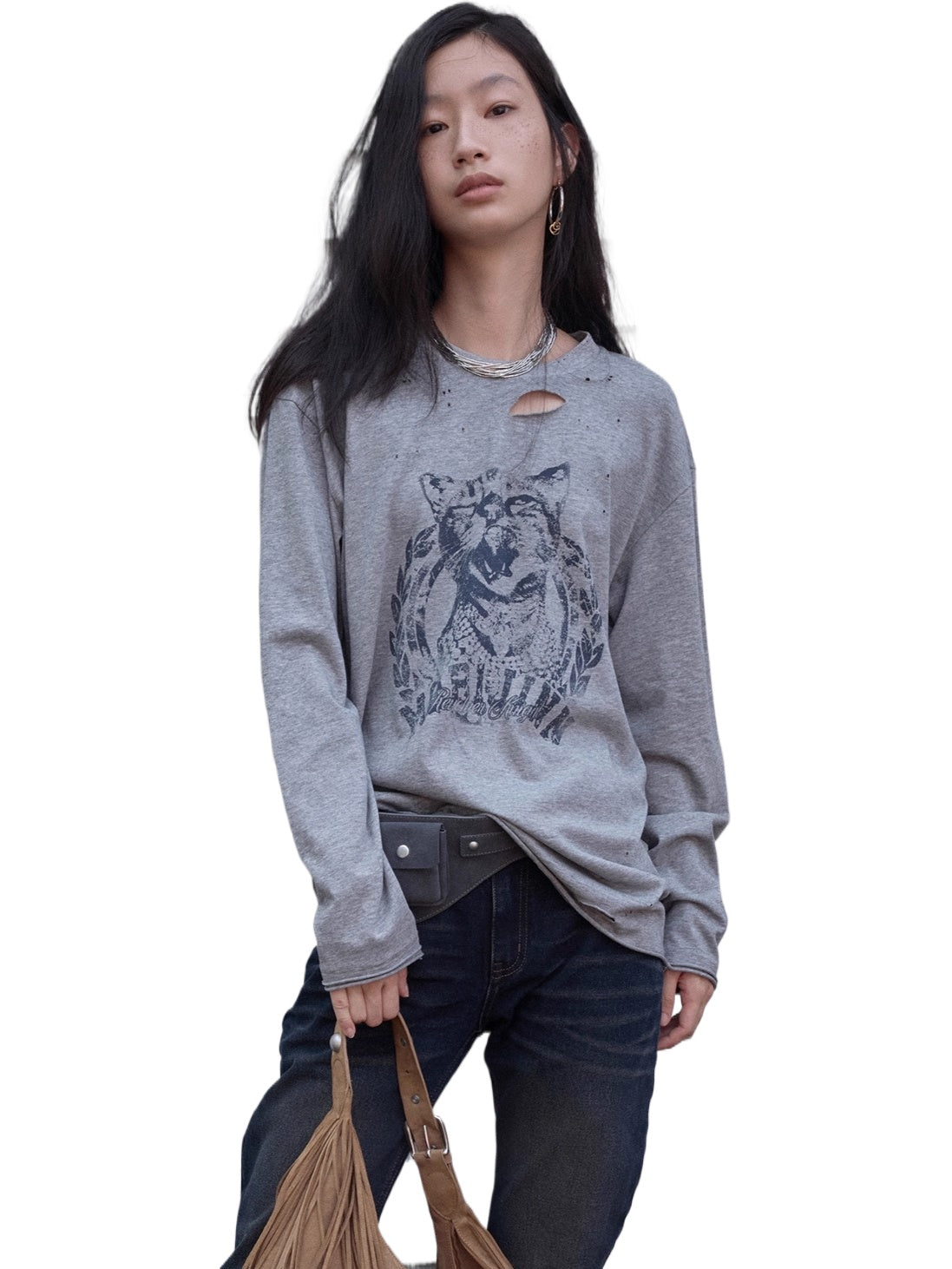 Vintage Cat &amp; Dog Print Distressed Long-Sleeve Tee