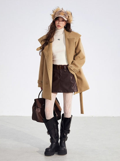 Double-Breasted Wool Blend Stand-Collar Coat