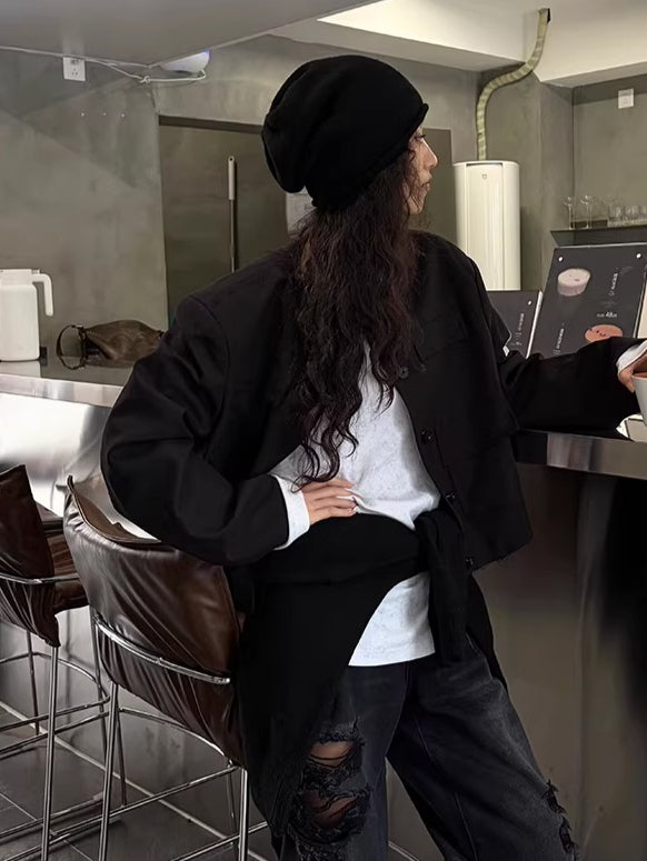 Washed Fringe-Edge Collarless Cropped Blazer