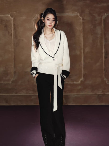 Oversized Contrast V-Neck Tie-Waist Knit Sweater