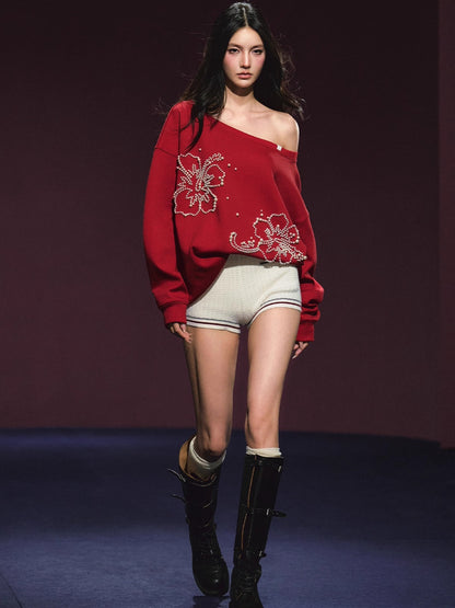 Beaded Off-shoulder Silhouette Sweatshirt