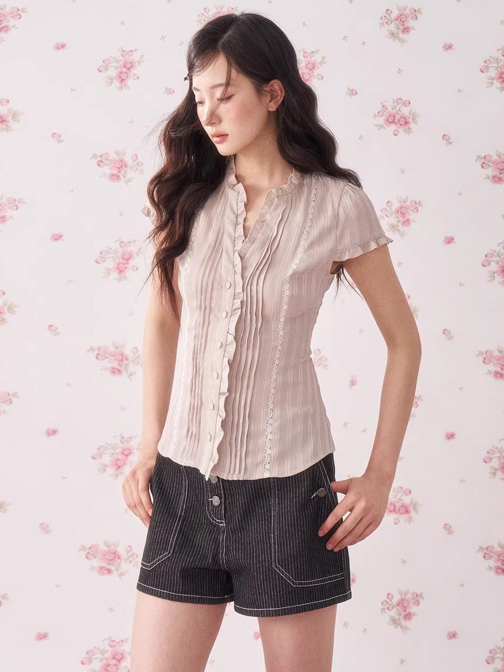 Ruffle Lace Waist-Fit Short Sleeve Blouse
