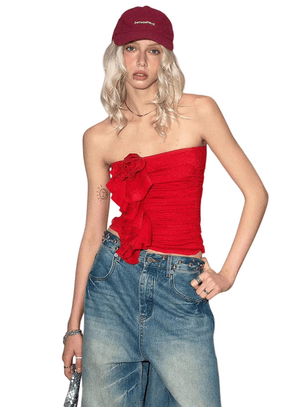 Red Floral Ruched Bandeau Crop T-shirt