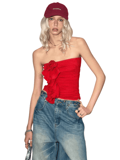 Red Floral Ruched Bandeau Crop T-shirt