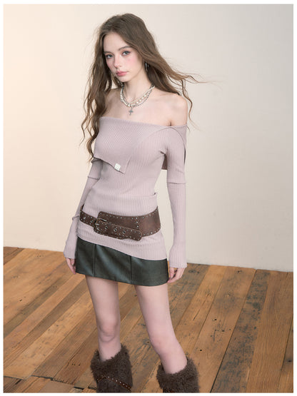 One-Shoulder Collared Knit Crewneck - CHINASQUAD